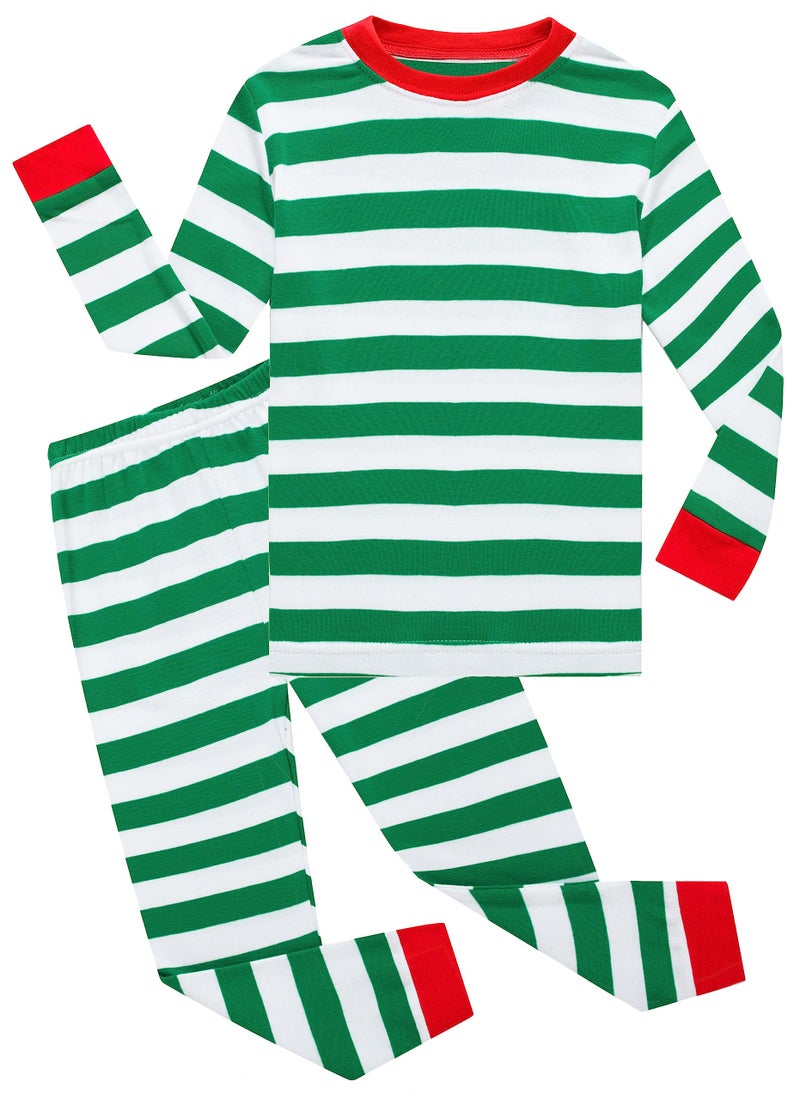 KikizYe Big Girls Boys Christmas Pajamas Sets 100% Cotton Sleepwears Kids Pjs Size 10 Striped Green - Image 1